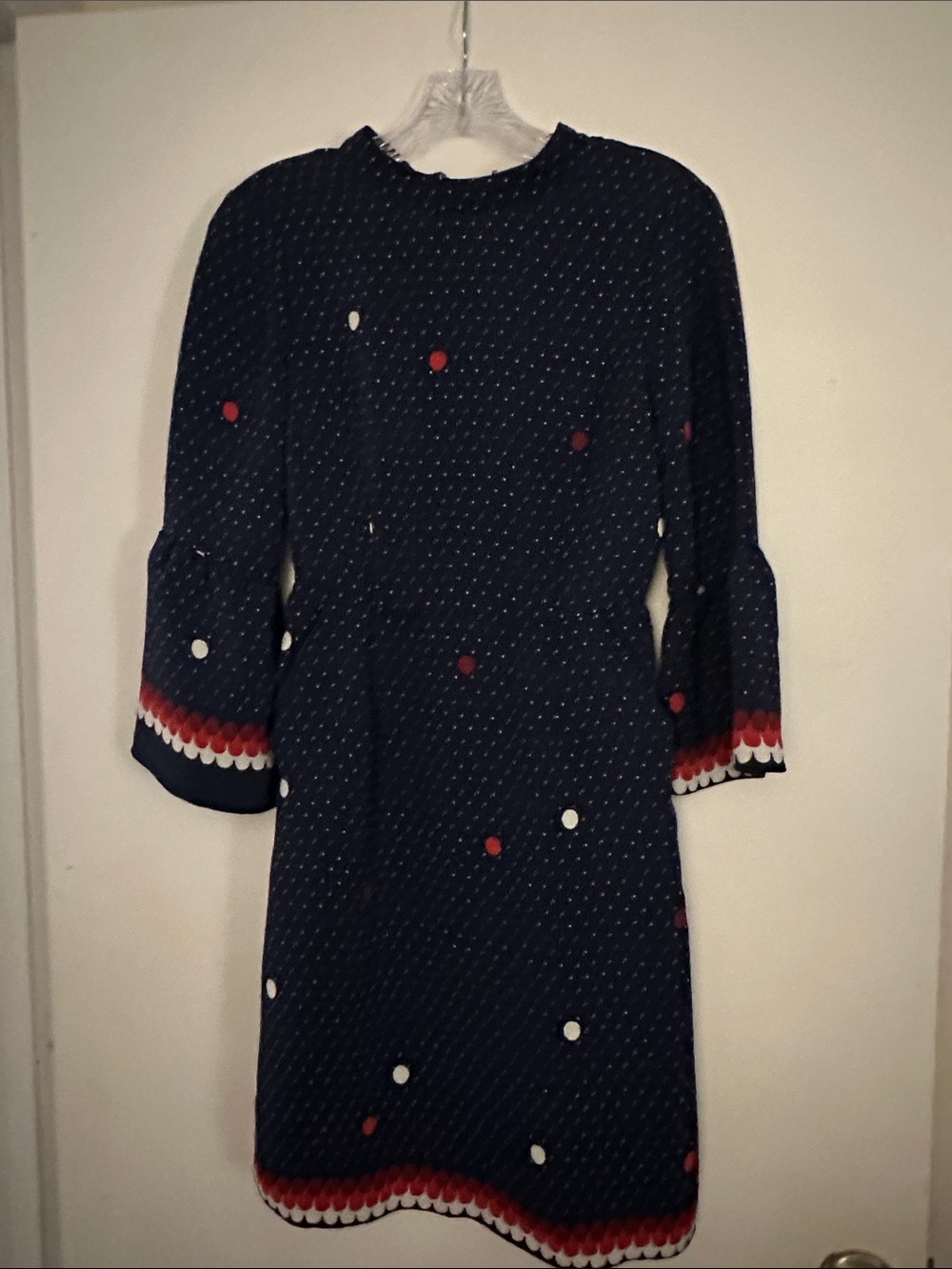 Boden Navy Polka Dot Mini Dress with Red and White Accents